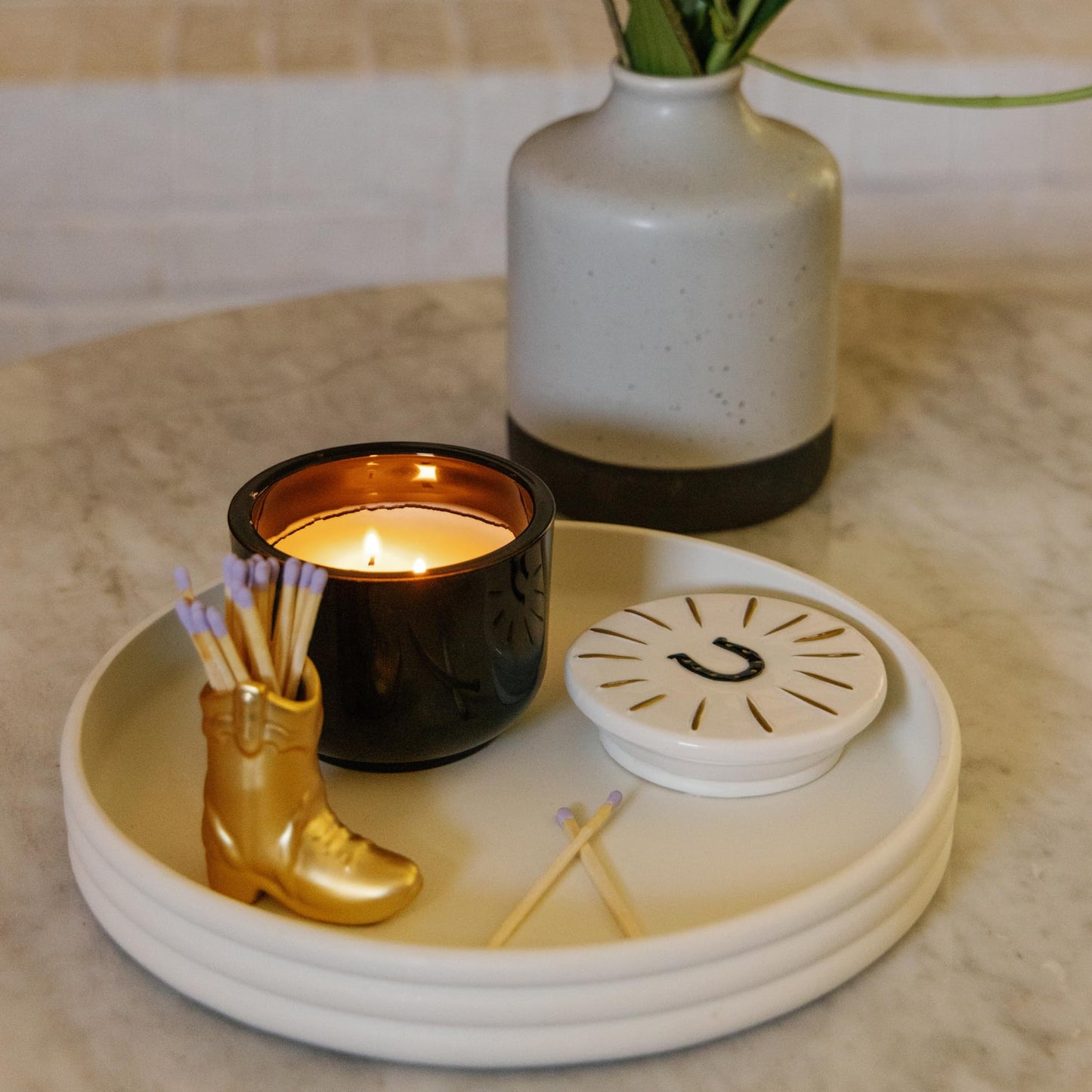 Paddywax Charmed Scented Candle in Glass Jar with Hand Painted Ceramic Lid, Soy Candle with Approx. 50 Hour Burn Time, Decorative Gift Candle for Home, 8 oz, Tabac & Pine