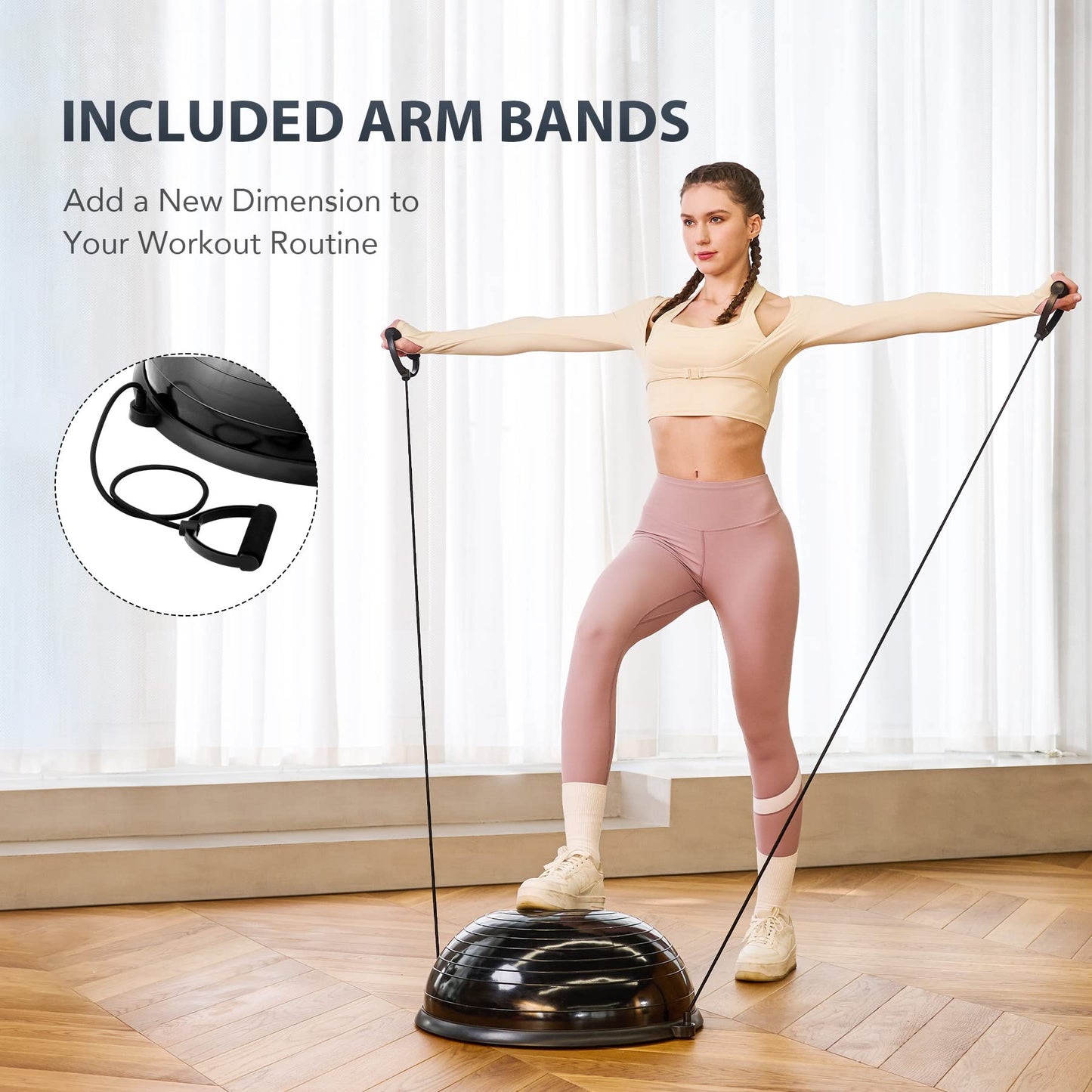 ZELUS Balance Ball Trainer with Resistance Bands & Foot Pump, Inflatable Yoga Ball for Home Gym Workouts, 23 Inch Exercise Half Ball for Balance Training Core Strength Fitness, 330lb Cap (Black)