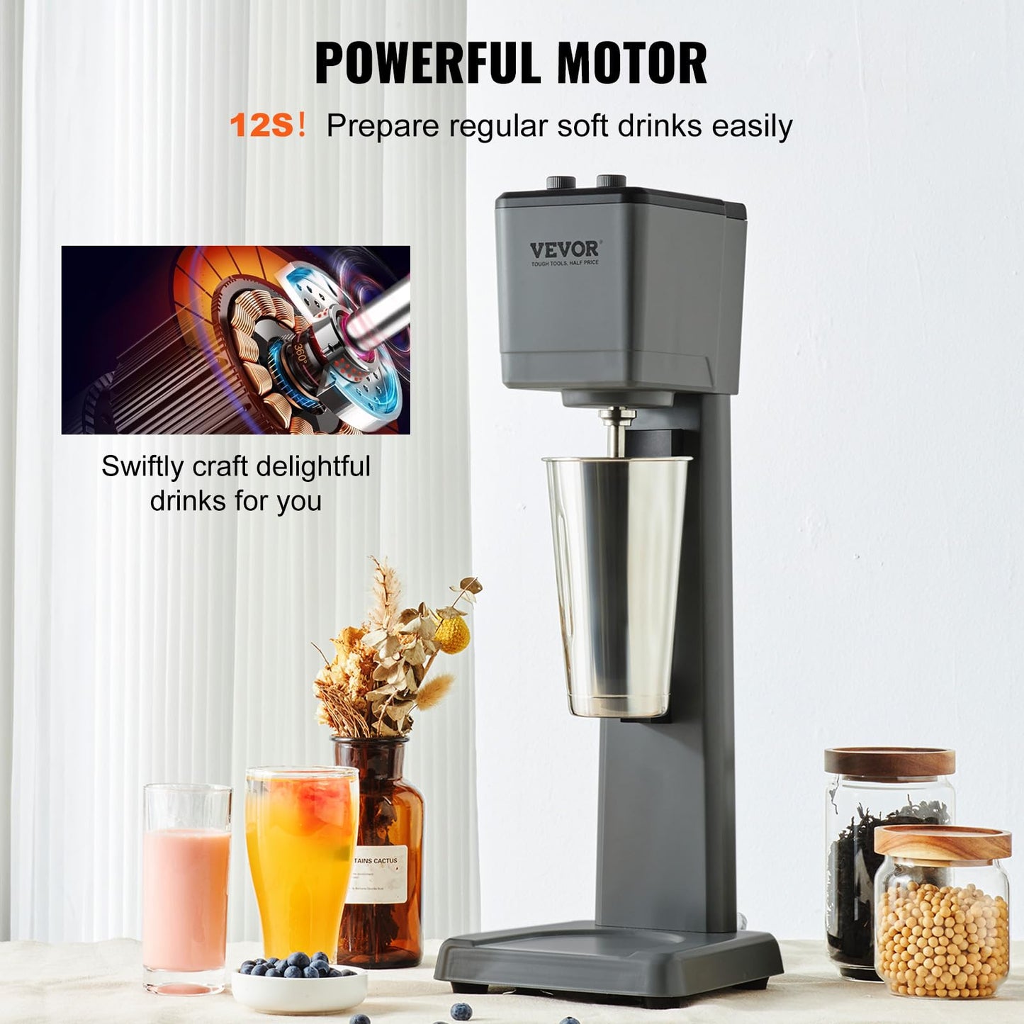 VEVOR Milkshake Machine, 375W Milkshake Maker Mixer, Single Head Drink Mixer Blender Machine, 3-Speed Milkshake Blender with 820ml Stainless Steel Cup for Commercial