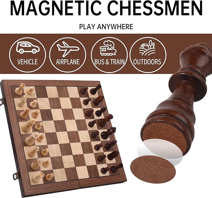 15 Magnetic Chess Set with Foldable Board &amp Travel Bag - Professional Wooden Chess Game Luxury Storage Bag - Perfect Christmas/Birthday for Men Dad (Chess Set + Bag)