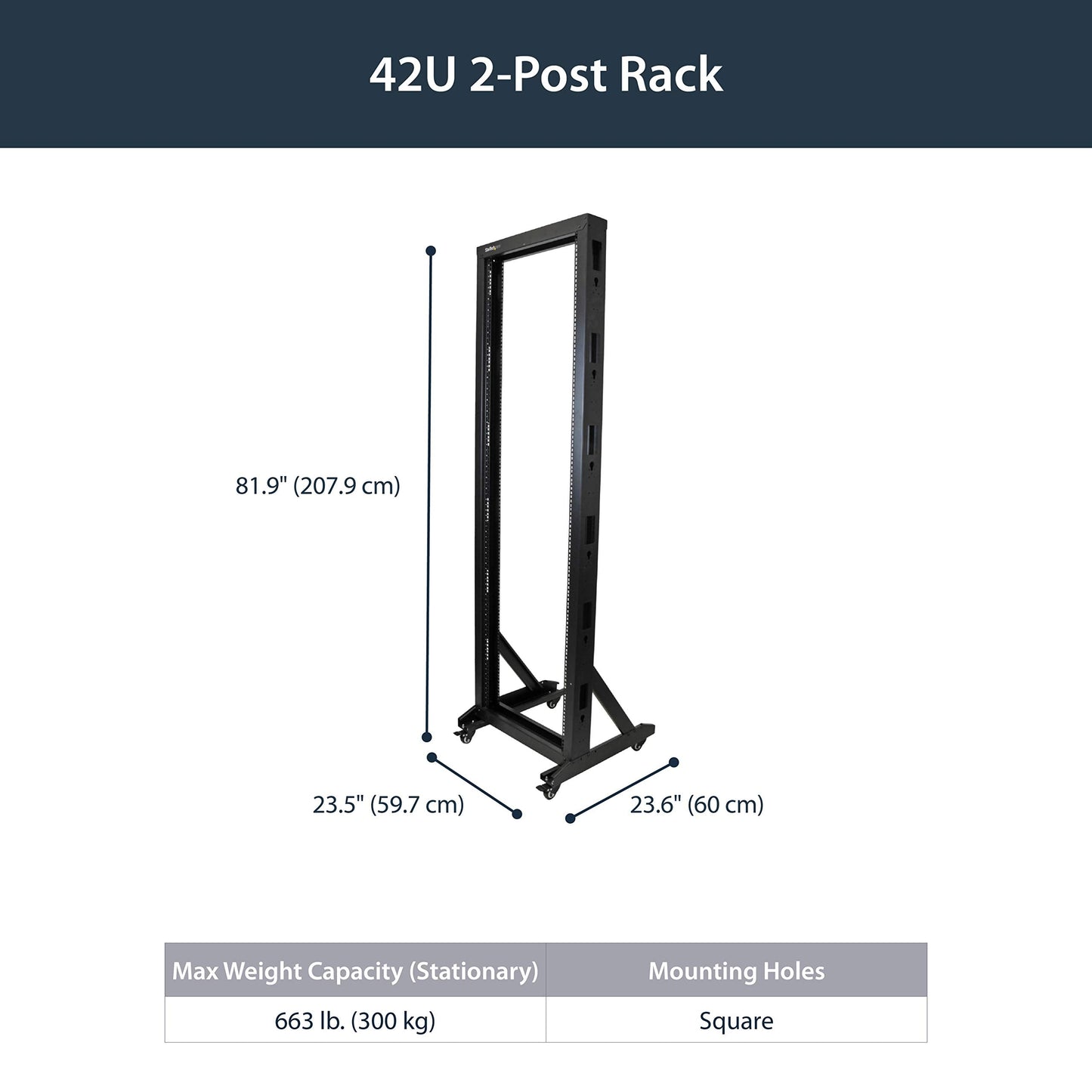 StarTech 42U 2-Post Open Frame Server Rack, 19in Rolling IT Rack with 661lb (300kg) Weight Capacity, Space-Saving Floor-Standing Network Rack