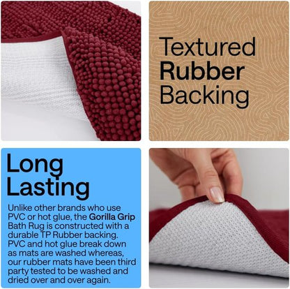 GORILLA GRIP Bath Rug Mat - Plush Absorbent Shaggy Chenille for Square Toilet Base - Burgundy, Machine Washable