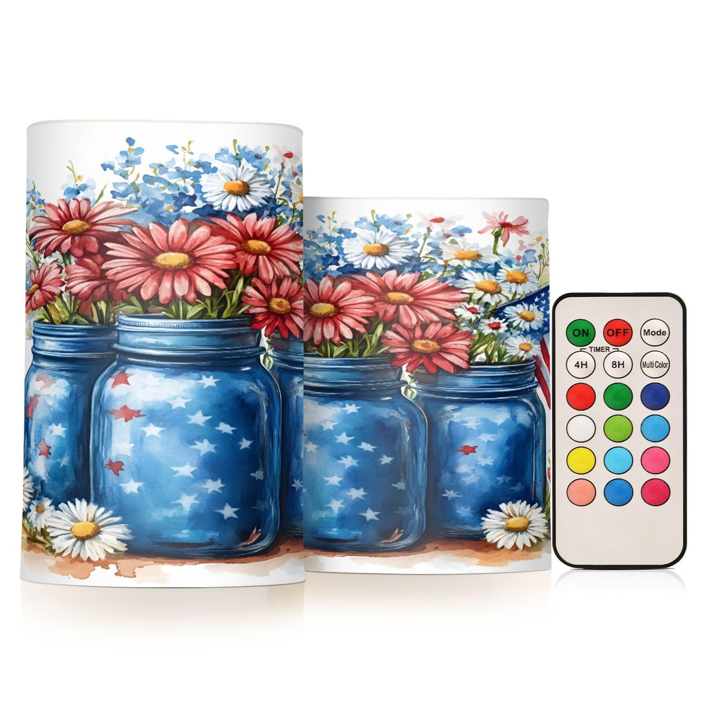 Patriotic Red Blue Flowers Vase American Flag5 Flickering Flameless Candles Battery Operated with Remote Timer,Tea Light Candles LED Pillar Votive Candles set of 2 for Outdoor Indoor Decorations