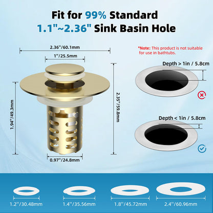 Upgraded Bathroom Sink Drain Strainer Hair Catcher 2PCS Universal 3 in 1 Pop-up Sink Stopper, Fit for 1.1''~2.36'' Basin Hole, with Detachable Stainless Steel Filter Basket, Brushed Gold