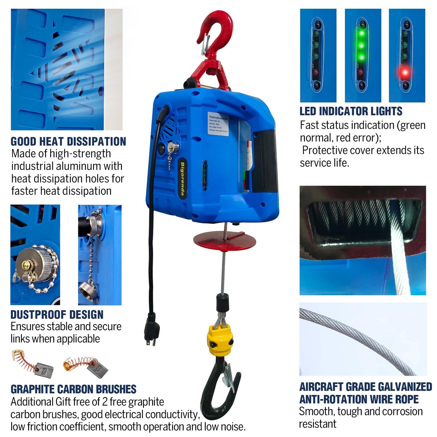 Bigorenda 3-in-1 Electric Hoist Winch,1100lb Capacity, Portable Electric Power Winch with Wire Wireless Remote Control,110V Electric Hoist Crane,26FT Lifting Height,for Warehouse,Garage,Lifting Towing