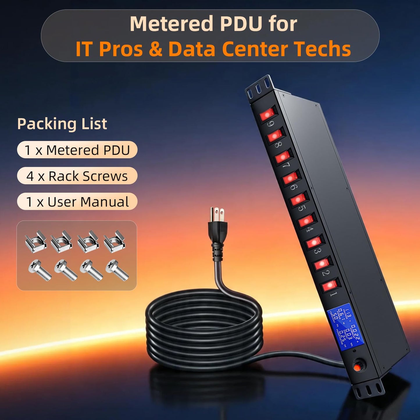 9 Outlet Rack Mount Power Strip with Individual Switches, PDU Surge Protector 15A 125V 1875W, 1U Server Rack Power Distribution Unit with Overload Protection and Power Monitoring, 6.5FT Cord
