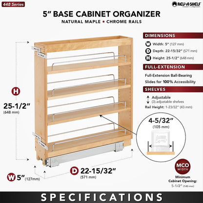 Rev-A-Shelf 6.5" Pullout Kitchen Cabinet Storage Organizer Slide Out Pantry Spice Rack with Adjustable Shelves, Natural Maple, 448-BC-6C