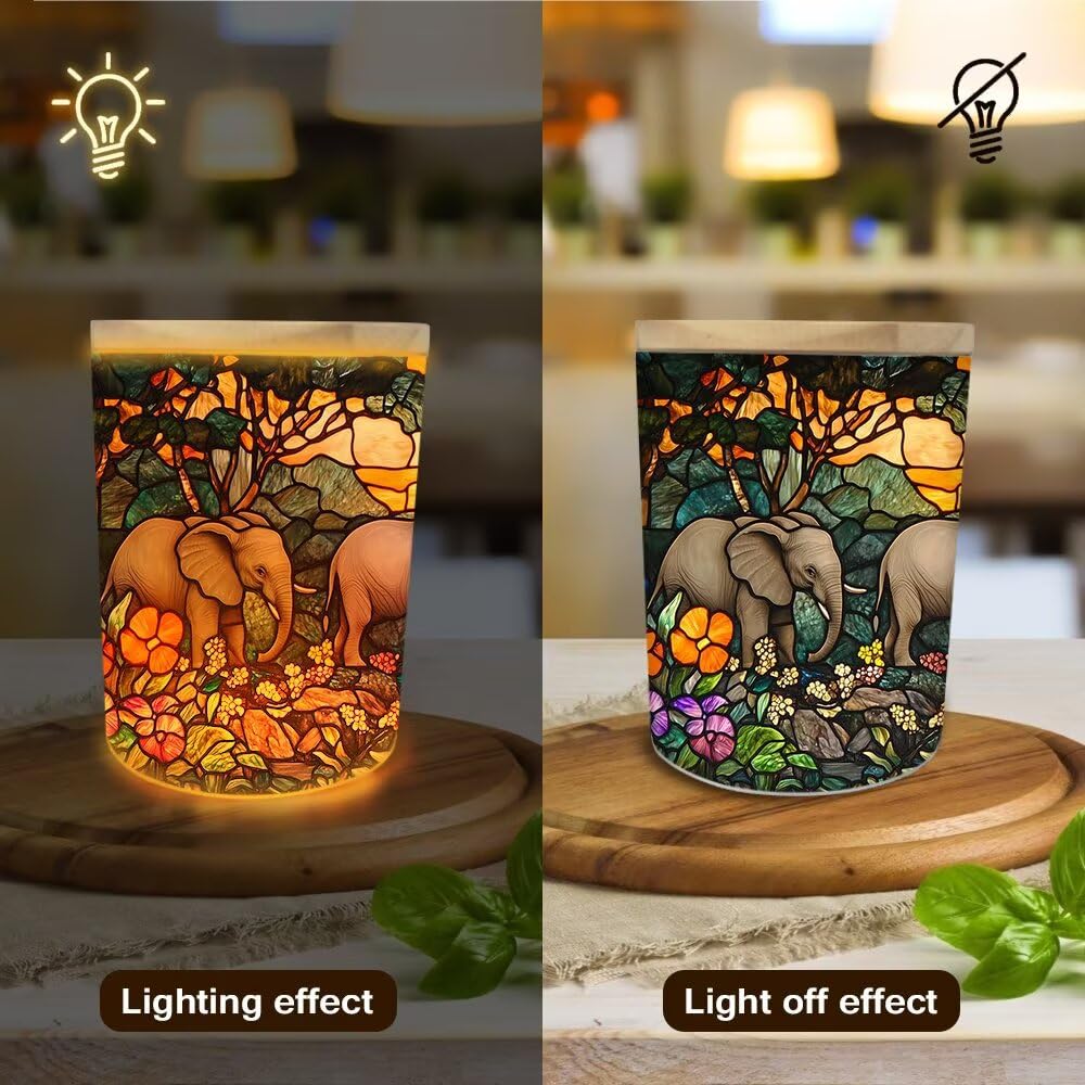 Stained Glass Elephants Tea Light Candle Holders, Forest Rivers Tealight Candle Holder Jar with Wooden Lid, Votive Candlesticks for Table Centerpieces, Christmas,Birthday Party,Home Decor