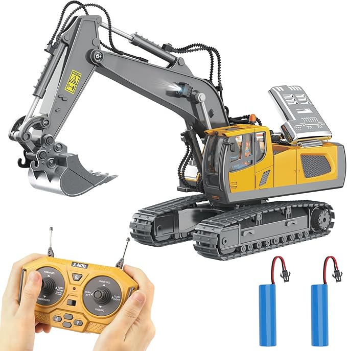 PREPOP Remote Control Excavator Toy for 6-12 yr Boys Best Birthday Gifts for Kids 4-7 8 9 10 11 Year Old RC Construction Toys with Metal Shovel Lights Sounds 2.4Ghz