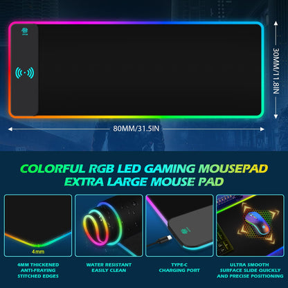 ToLuLu RGB Gaming Wireless Charging Mouse Pad, 5/7.5/10/15W 10 Light Modes LED Mouse Pad Computer Keyboard Mat Mousepad, 800x300x4MM Extended Large Desk Mat for Gaming, MacBook, Laptop, PC, Galaxy