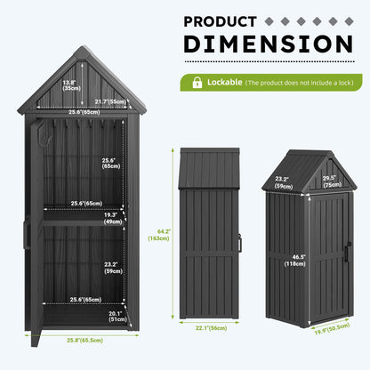 WTFGO Vertical Outdoor Storage Shed, Waterproof Resin Outdoor Storage Cabinet with Removable Shelves & 12 Hooks, Lockable Small Tool Shed for Garden, Backyard, Patio, Pool, Classic Black