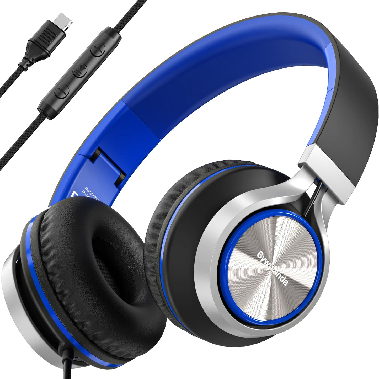 Bywulanda USB C Headphones with Mic and Volume Control, Over Ear Stereo Headsets for iPhone 15 16 Pro, Wired Foldable Headphones for Smartphones Chromebook Laptop Tablets Travel(Blue)