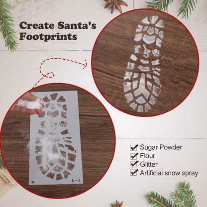 Mocoosy Christmas Stencils - 6 PCS Reusable Santa Footprints & Snowflake Templates for Holiday Crafts