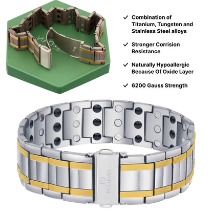 POLLDAN® Mens Magnetic Bracelet with 6200 Gauss Power | 3X Strength Mens Bracelet | Titanium Bracelets for Men with Fold-Over Clasp, Adjustable Length, Gift Box | Mens Wrist Jewelry (Silver&Gold)