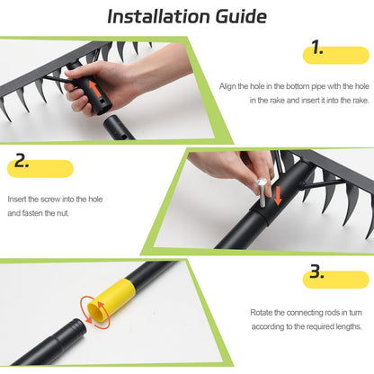 Bow Rake, 78" Heavy Duty Garden Tools Lawn Leveling Rake with Long Handle, 12 Tines Garden Tools Metal Head for Loosening Soil, Cleaning the Leaves and Weeding Control, Leaf, Thatch, Landscape Tools