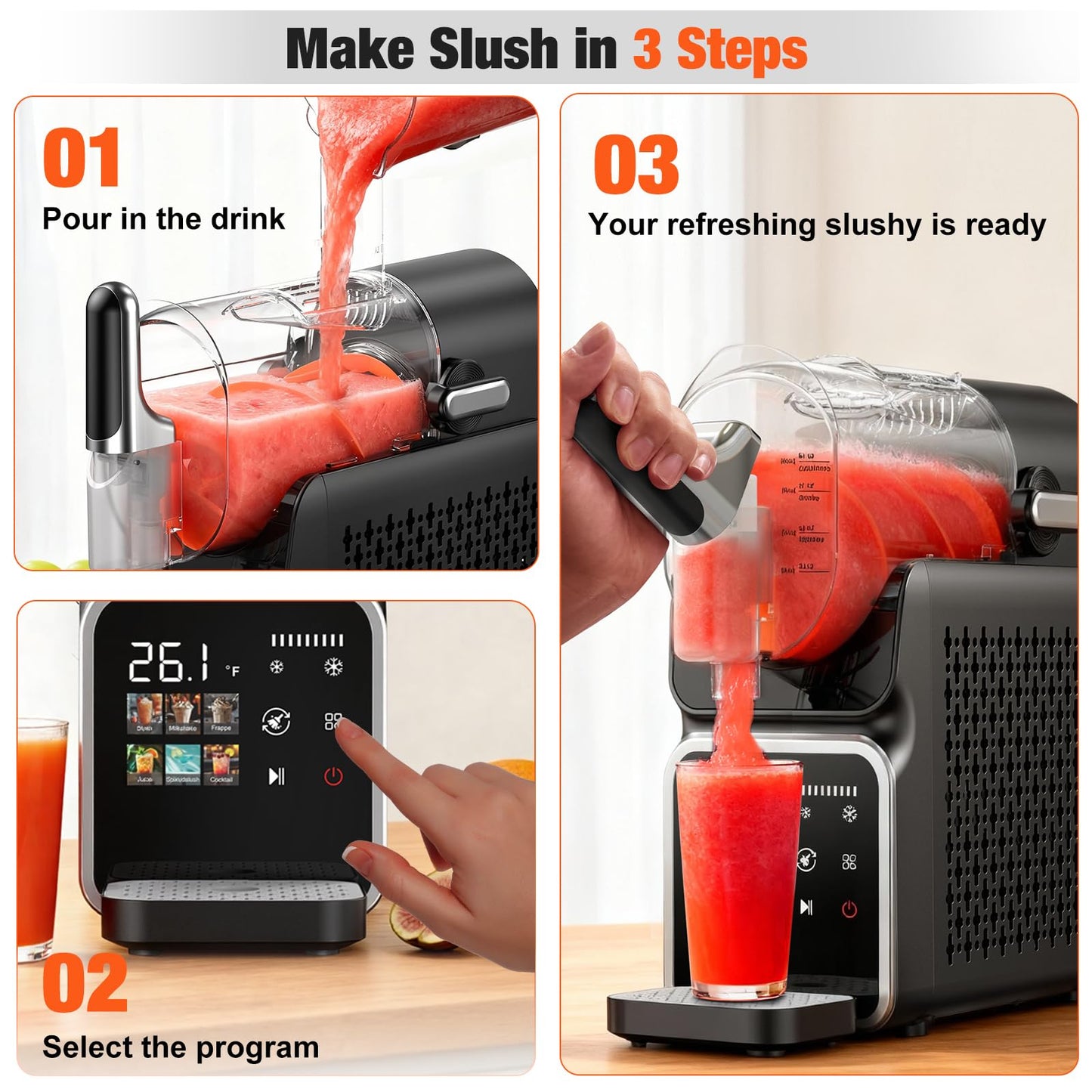 AllToU Slushie Machine No Ice Needed, Auto-Clean, 220W Quick Frozen Drink Maker with 6 Preset Programs for Margaritas, Frappés, Milk Shake and More, Slushy Machine for Home, 88oz