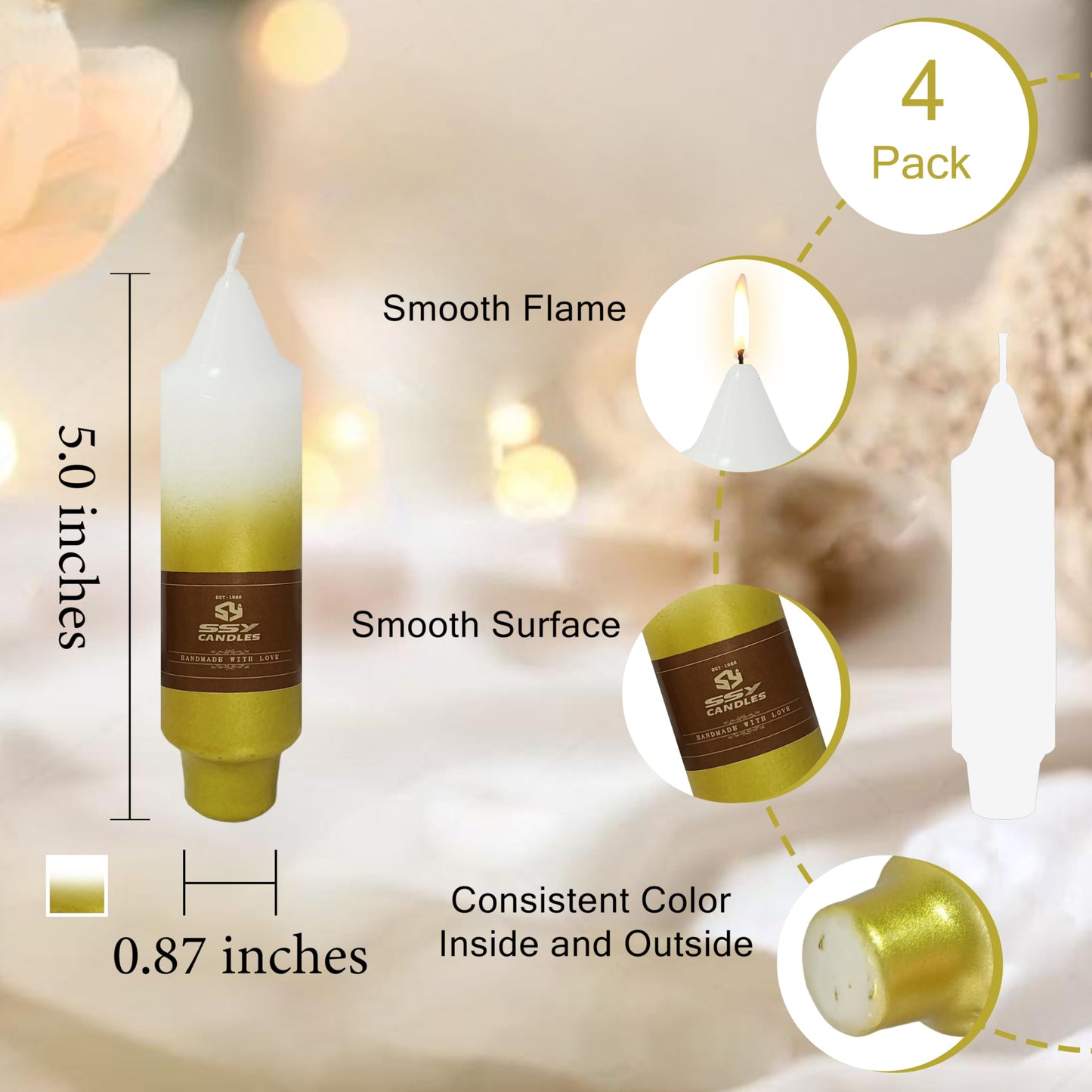 Metallic Gold Candle 5 Inch Short Smokeless Taper Candles 4 Pack Unscented Dinner Candle for Mother's Day Meditation Romantic Dinners Wedding Cozy Evenings