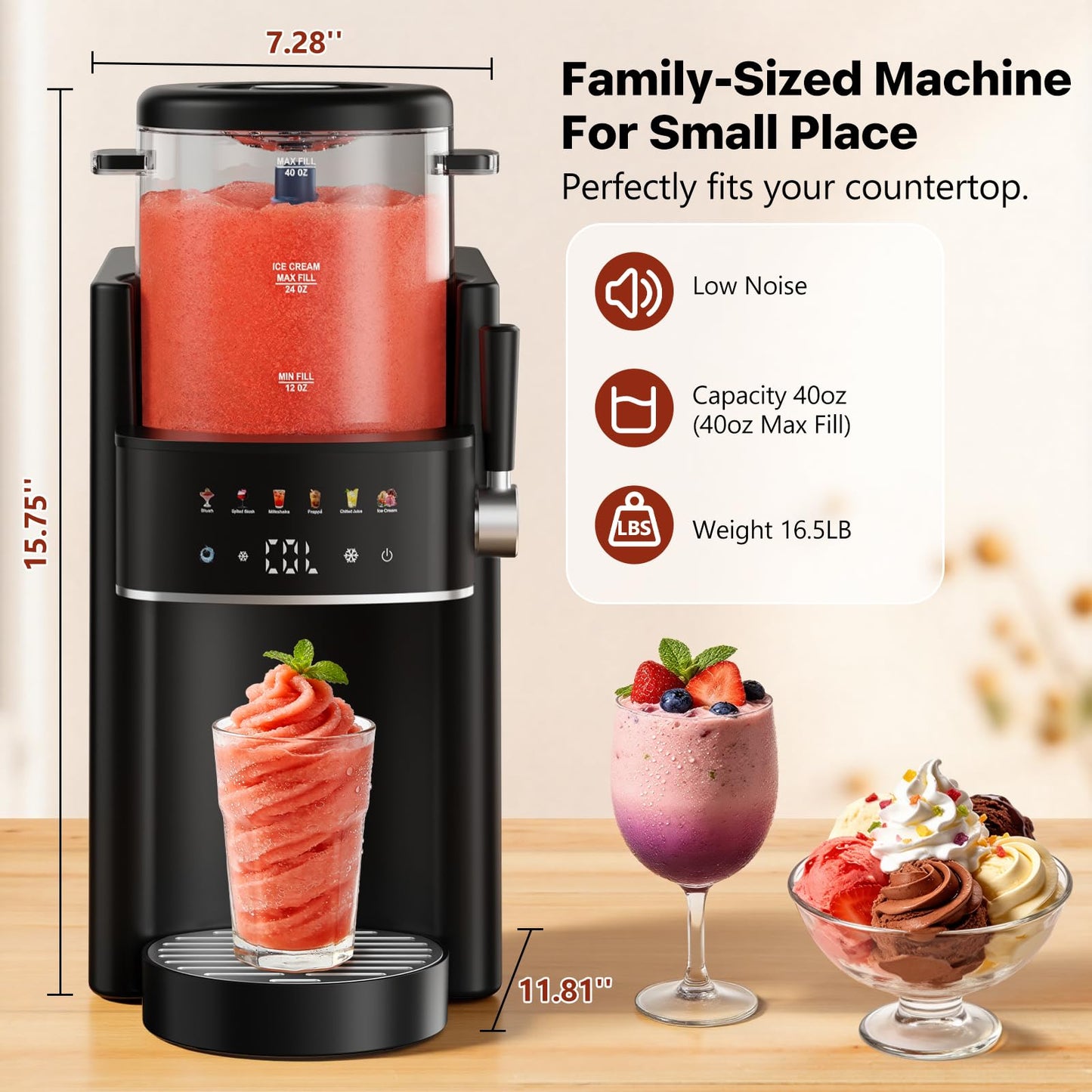 Ranvaira Slushie Machine, Ice Cream Maker, Slushy Machine for Home and Families, No ice needed with Rapid Chill & Temperature Control, Multi-function for Margarita, Frappé, Easy to Clean, Black