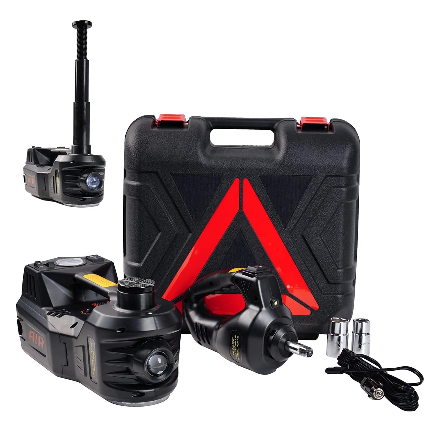 ROGTZ Electric Hydraulic Car Jack Kit 5 Ton 12V Portable Lift Range 17.7 Inch with Impact Wrench and Tire Inflator Pump for SUV Sedan Truck Car Repair Floor Jack for Vehicle Tire Change with LED Light