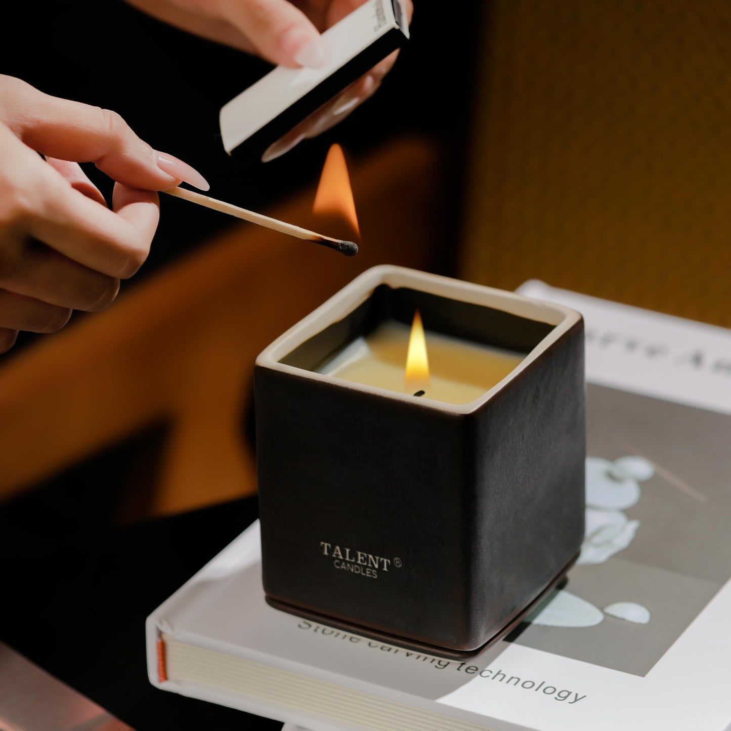 Talent Candles Scented Candles Ceramics Square Cup Long Burn Time Natural Soy Wax Candles Perfect Women & Men Birthday Gifts (Dark Leather & Oud)