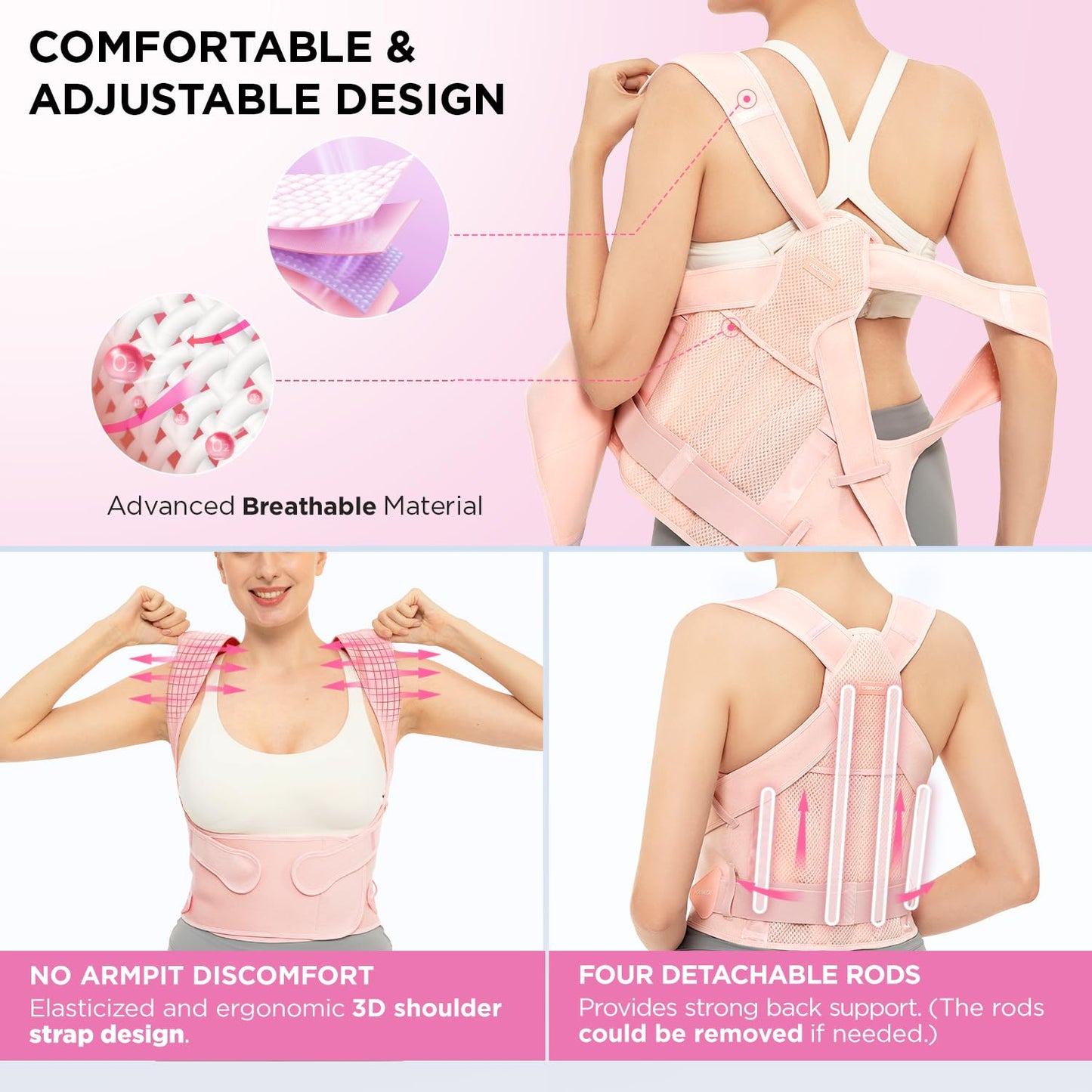 Vicorrect Posture Corrector for Women and Men: Back Support Brace Upper Back Shoulders Pain Relif (Pink, Medium)