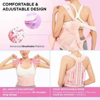Vicorrect Posture Corrector for Women and Men: Back Support Brace Upper Back Shoulders Pain Relif (Pink, Medium)
