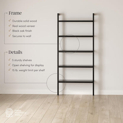 Nathan James Beacon Bohemian 5 Tier Bookshelf, Wall Mounted Bookcase, Solid Wood Bookshelf in Black Oak
