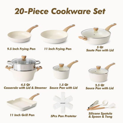 SENSARTE Ceramic Cookware Sets, Pots and Pans Set Nonstick, 20-Piece Induction Cookware, Non-toxic Healthy Non Stick Kitchen Cooking Set with Stay-Cool Handles, PFAS PTFE PFOA PFOS Free