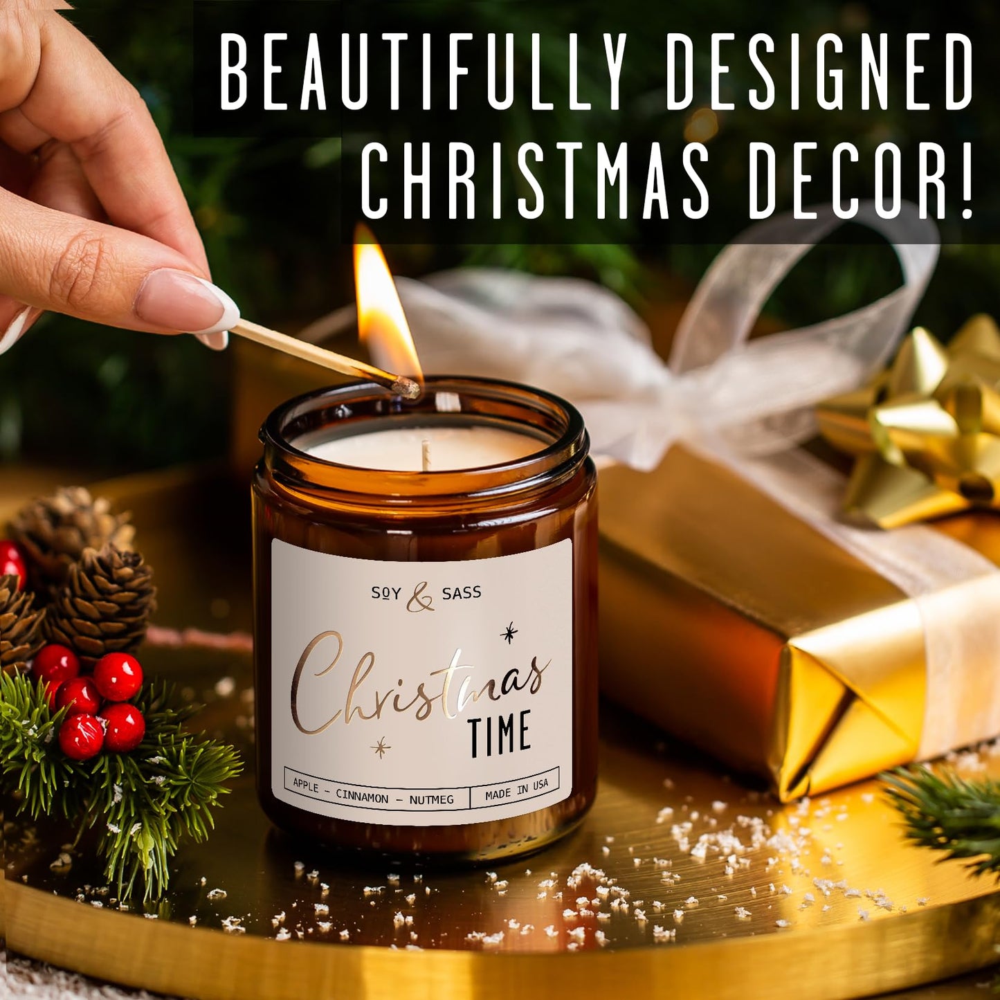 Christmas Candles Scented – ‘Christmas Time’ Soy Christmas Candle, w/Apple, Cinnamon, Clove - Infused with Essential Oils I Holiday Candles I 9oz, 50Hr, Made in USA