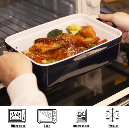 Skiennix Baking Pan - Deep Ceramic Lasagna Dish with Lid for Oven | Navy Blue, 3.1 Quarts