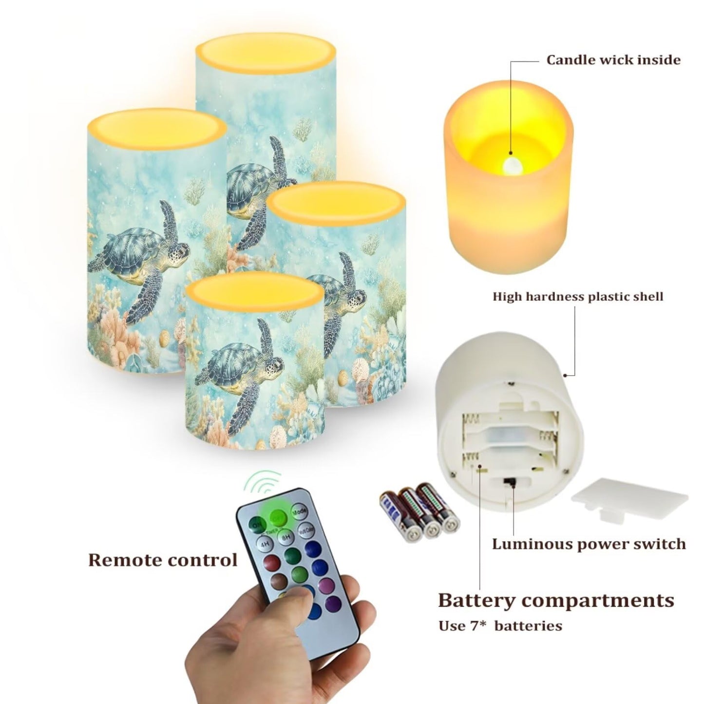NETILGEN Undersea Turtle Decorative Flameless Candles for Home Party 4 Packs LED Battery Powered Candles with Timer Remote Control