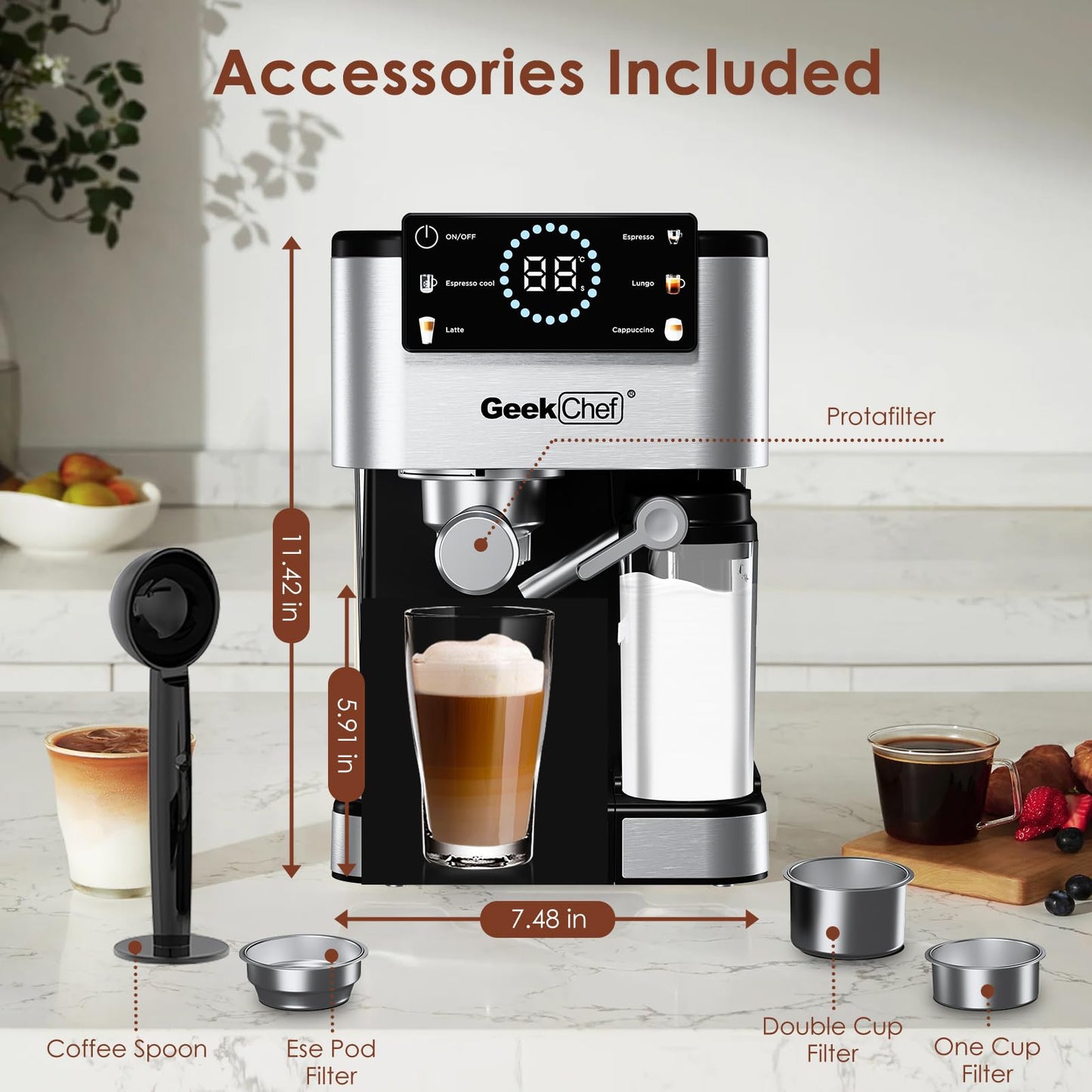 Geek Chef Espresso Machine, 20 Bar Espresso and Cappuccino Coffee Maker, Quick Heating Automatic, Latte & Cappuccino Creator, for Home, for Gift to Family, Friends, Coffee Shops