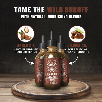Viking Revolution Sandalwood Beard Oil for Men - Natural Mens Beard Oil with Argan Oil and Jojoba Oil - Beard Softener, Strengthens and Moisturizes - Beard Conditioner for Men (Sandalwood, 1 Pack)
