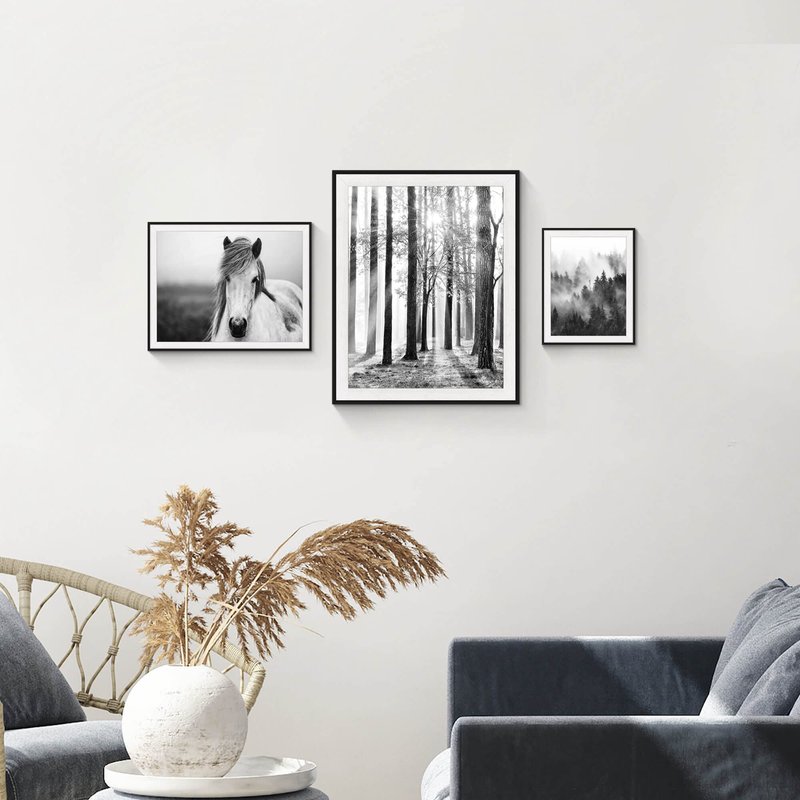 Forest Sunrise Pictures Framed Prints - Peaceful Landscape Scene and Elegant White Horse Wall Art Sets for Living Room, Bedroom, Office, Bathroom 3 Panels