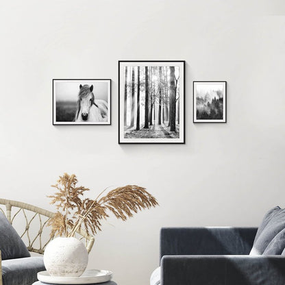 Forest Sunrise Pictures Framed Prints - Peaceful Landscape Scene and Elegant White Horse Wall Art Sets for Living Room, Bedroom, Office, Bathroom 3 Panels