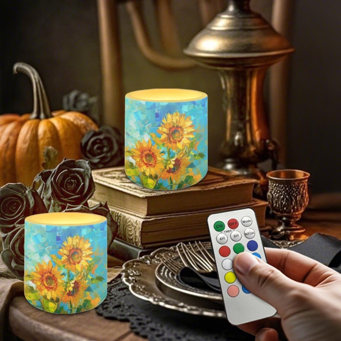Cozeyat Sunflower Weather Resistant LED Candles 4 Pack Battery Operated Flameless Pillar Candles with Remote Control Timer for Home Patio Indoor Outdoor