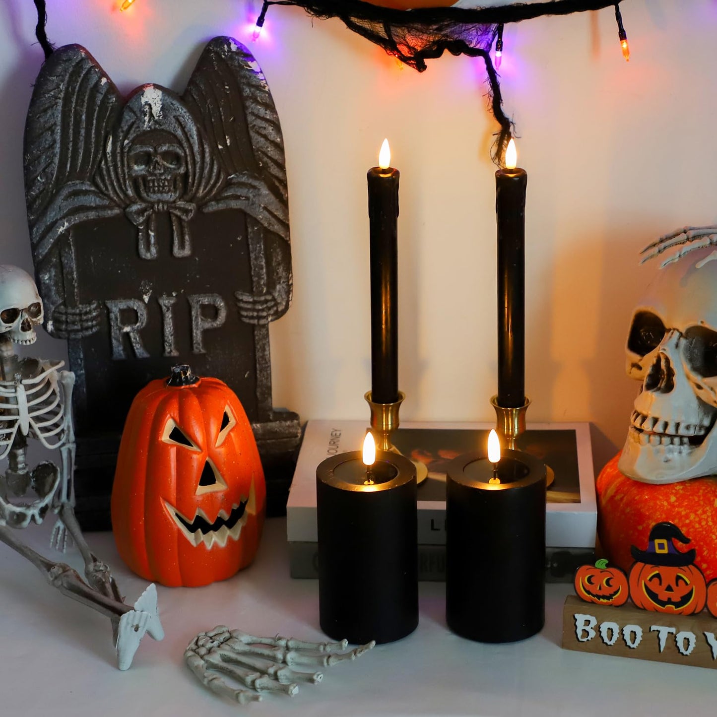 Lezonic Halloween Black Flameless Candles with Remote, Battery Operated Real Wax with Dripping Effect, Flickering LED Candles for Fireplace, Shelf, Centerpiece, Set of 4 (9.5" Taper & 5" Pillar