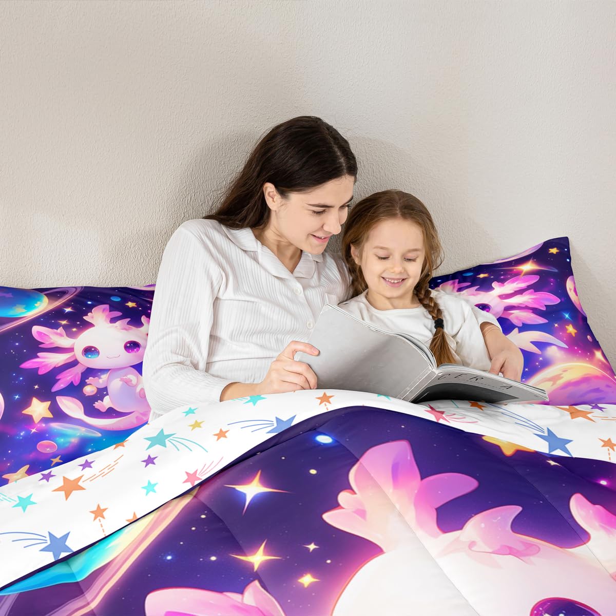 Erosebridal Axolotl Quilt Queen Size for Kids Boys Girls,Galaxy Planet Space Bedding Set Cartoon Animal Comforter Set Purple Dreamy Starry Bedding Comforter Sets