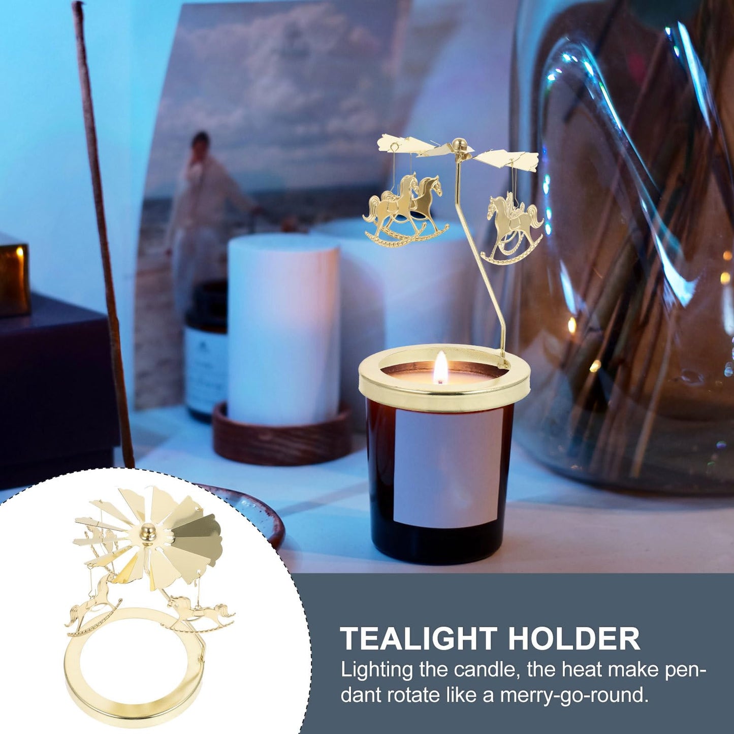 WATIIFUFU Rotating Tealight Holder Iron Candle Holder Carousel Pendant Elegant Romantic Decor Gift for Valentines Christmas Party Home
