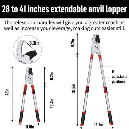 GARTOL Heavy-Duty Extendable Loppers, 28"-41" Telescopic Tree Trimmer, Double Ratcheting Branch Cutter, Anvil Lopper for Thick Branches, Cuts 2" Dry Wood