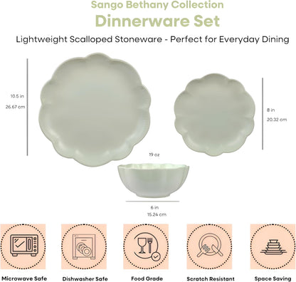 Sango 12-Piece Scalloped Dinnerware Set - Sage Green Ceramic Dishes for 4 | Chip Resistant & Dishwasher Safe