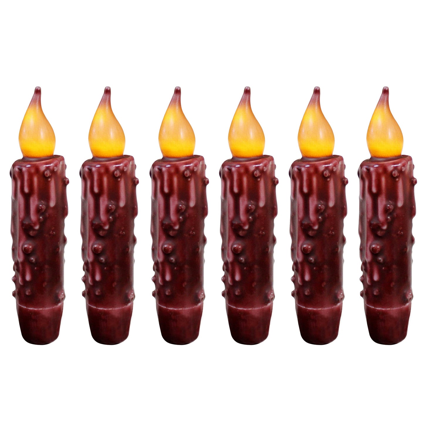 CVHOMEDECO. Real Wax Hand Dipped Battery Operated LED Timer Taper Candles Country Primitive Flameless Lights Décor, 4-3/4 Inch (Burgundy 6 PCS)