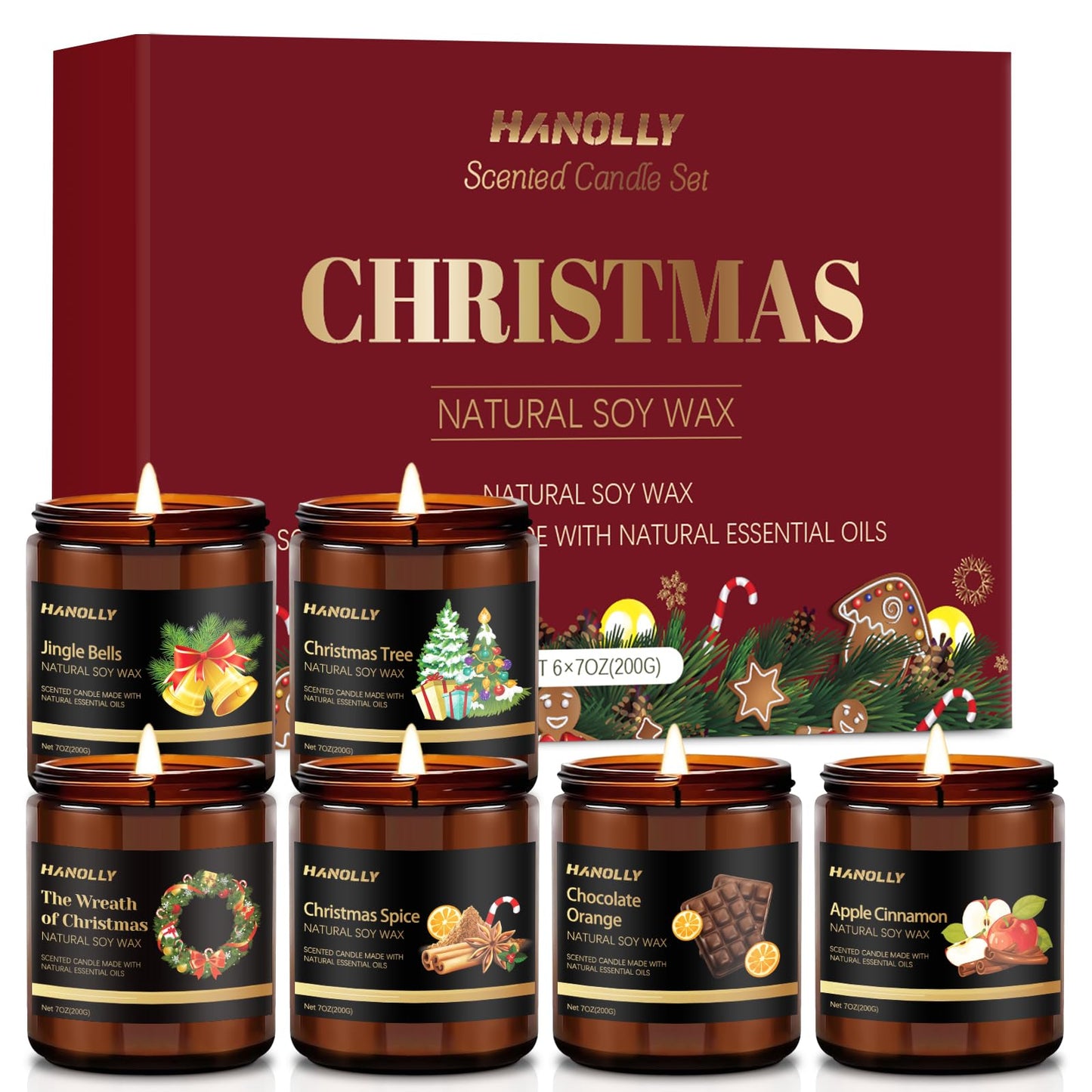 Christmas Scented Candles Set, 6 Pack Winter Scented Candles for Home, Holiday Gifts for Women & Men, Soy Candles Scents of Christmas Tree, Spice, Wreath, Apple Cinnamon, Chocolate Orange, Jingle Bell