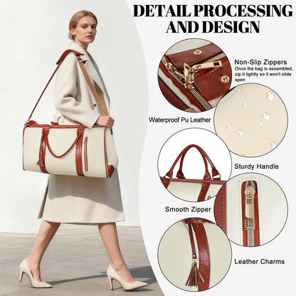 Geestock Garment Bag for Travel, Convertible Carry On Garment Duffle Bags for Women with Shoe Pouch & Detachable Shoulder Strap, Large PU Leather, 2 in 1 Hanging Suitcase Dress Suit Travel Bag, Beige