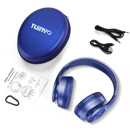 TUINYO Bluetooth Headphones Wireless, Over Ear Stereo Wireless Headset 40H Playtime with deep bass, Soft Memory-Protein Earmuffs, Built-in Mic Wired Mode PC/Cell Phones/TV-Dark Blue