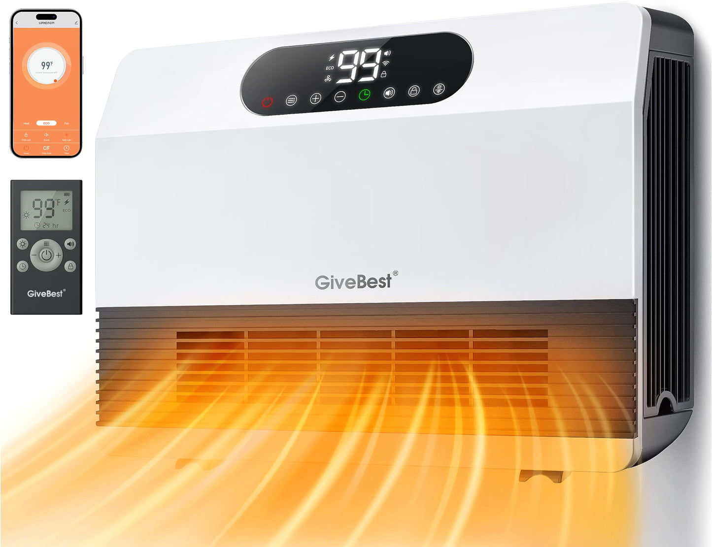 GiveBest Electric Wall Heater, Space Heaters for Indoor Use, 1500W Smart Heater with Adjustable Thermostat, Remote Control, Works with Alexa, 12H Timer Heat for Bedroom Office Home Garage RV, White