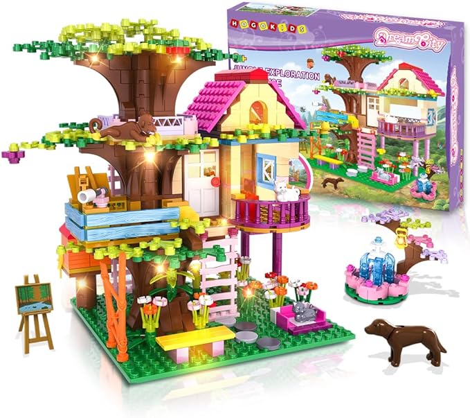 HOGOKIDS Tree House Friends Building Set with LED Light - Girl House Forest Building Block Toy Kit Birthday Valentines Day Gifts for Kids Girls Boys Age Age 6-12+ Years