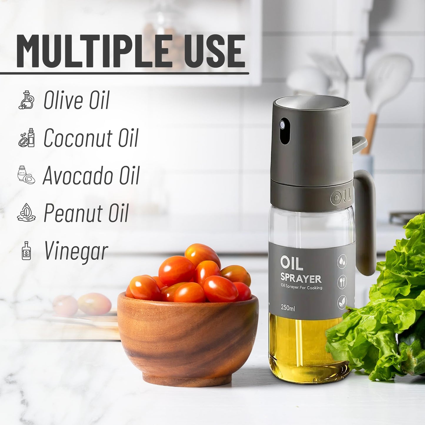 Oil Sprayer Kitchen Gadget for Cooking High Borosilicate Glass Oil Sprayer Mister, 250ml Olive Oil Spray Bottle for AirFryer, Salad, BBQ, Kitchen Baking, Roasting, Dark Gray