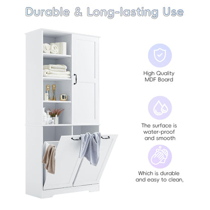 68" Tall Bathroom Storage Cabinet with One Door and Two Laundry Hampers for Home Display Organizer, Adjustable Shelf, White