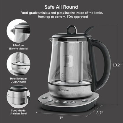BUYDEEM K2423 Tea Maker, 316 Stainless Steel & Heat Resistant DURAN Glass Electric Kettle, 5 Temperature Settings, Removable Infuser, Auto Keep Warm, 1.2L